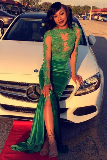 GORGEOUS GREEN LONG-SLEEVE LACE APPLIQUES SPLIT MERMAID PROM PARTY GOWNS HZ1023